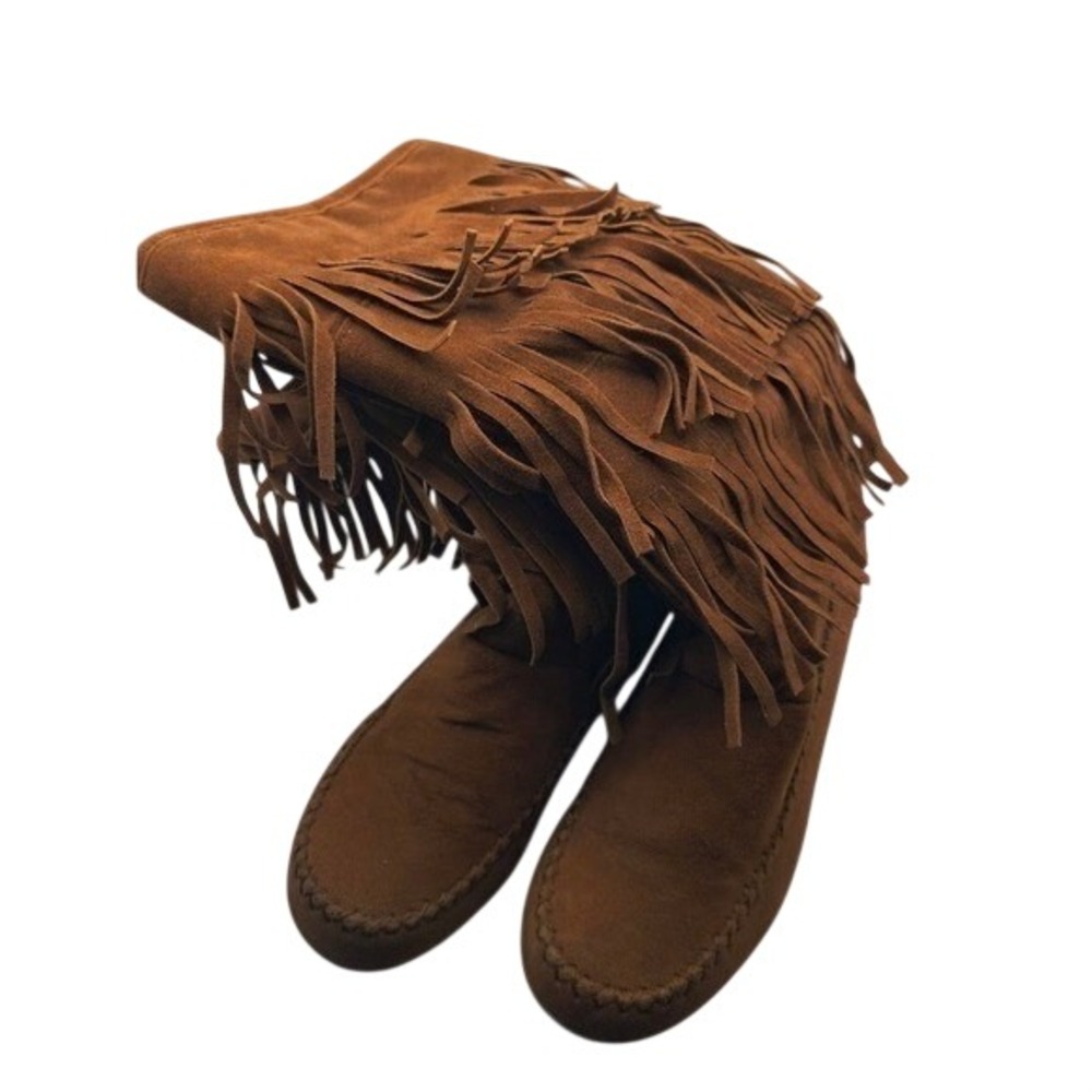 Vintage Fringe‎ Boots 6-6.5 Brown Suede Moccasin Western Festival Boho Zipper